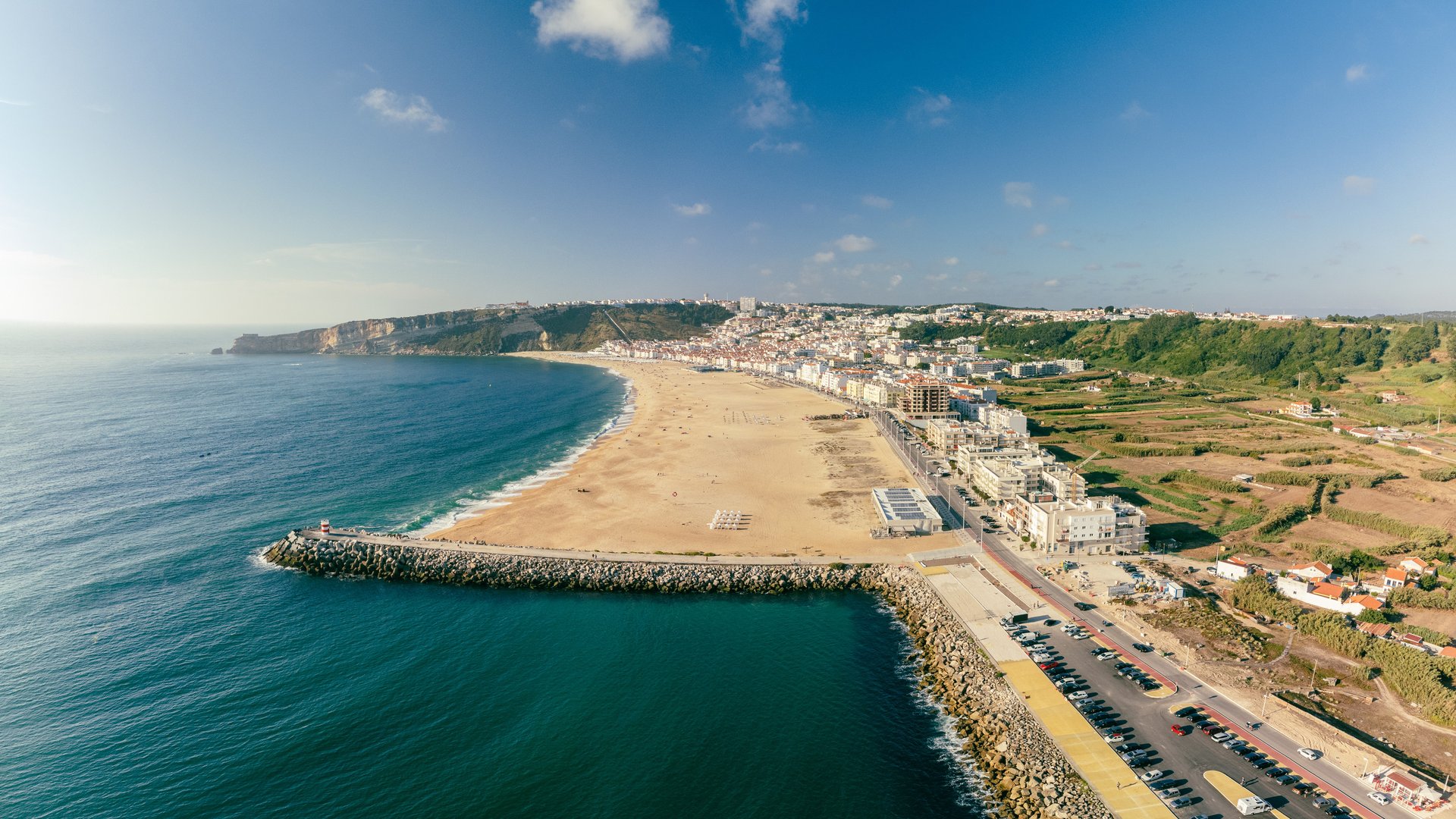 Aerial Drone View of Nazare Portugal town Ocean