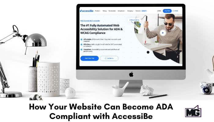 Desk top with a computer showing an A website on a ADA compliant website with AccessiBe.
