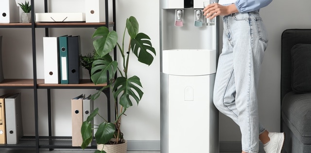 A woman wearing gray jeans and a sweater vest with a blue shirt standing by a water cooler with a filled cup in hand.