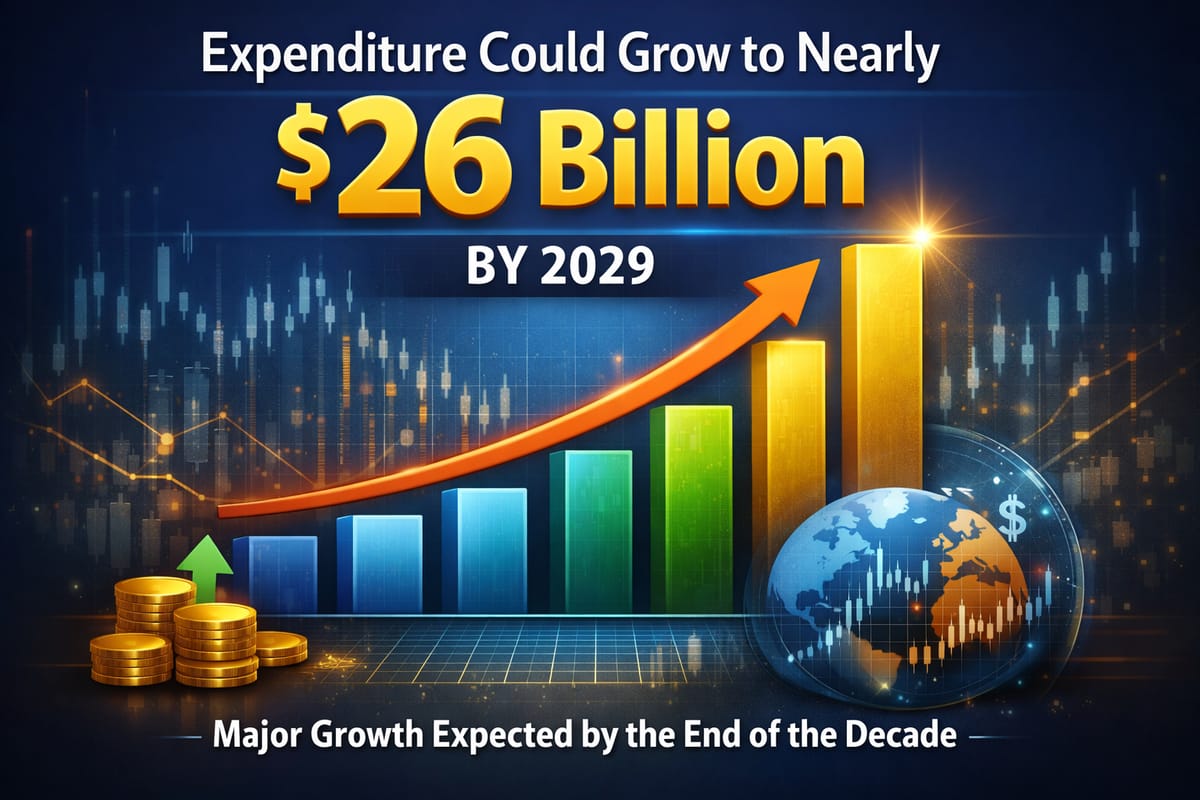 Financial growth chart showing $26 billion ecommerce expenditure projection by 2029 with upward trend arrow and global mar...