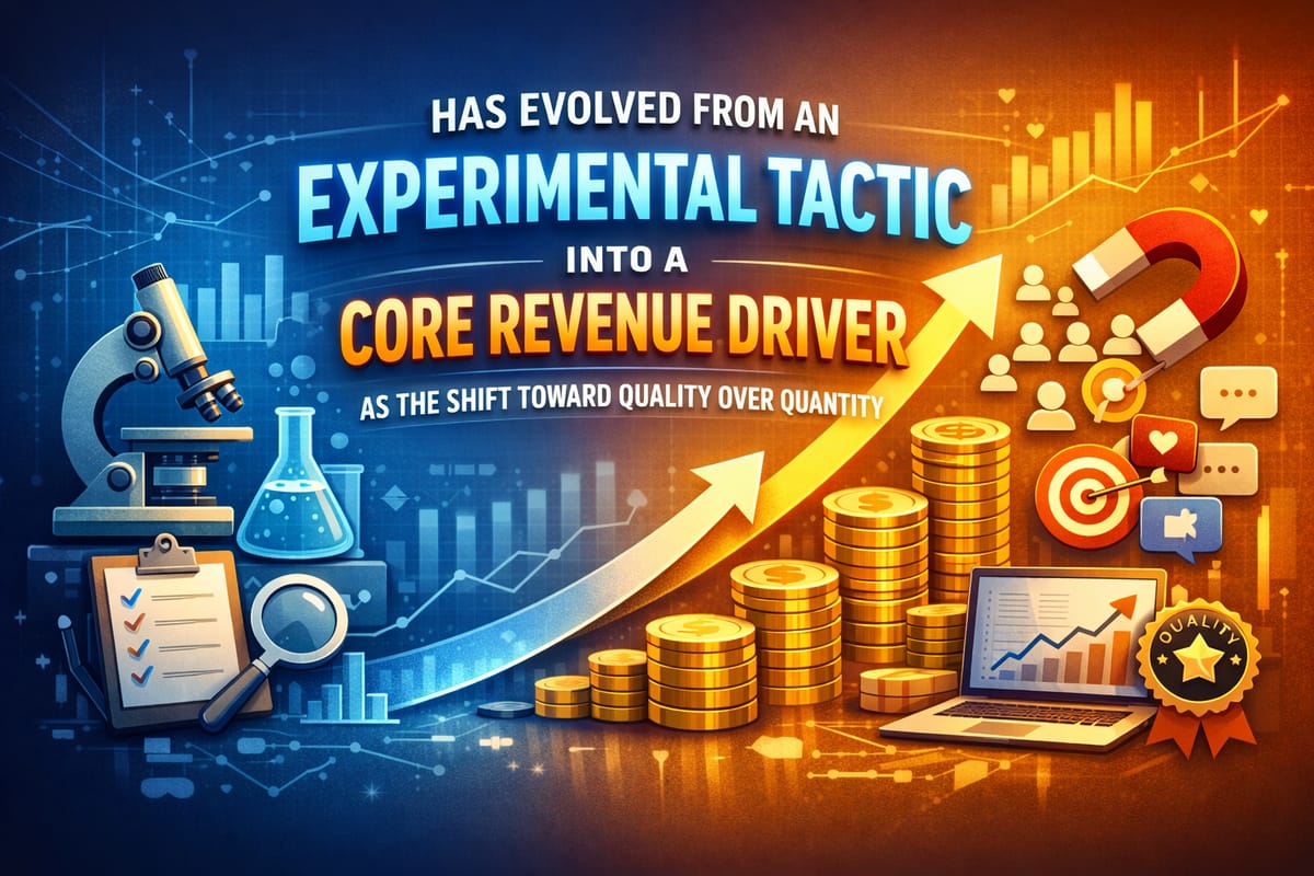 AI-driven content marketing strategy evolving from experimental tactics to core revenue driver, emphasizing quality over q...