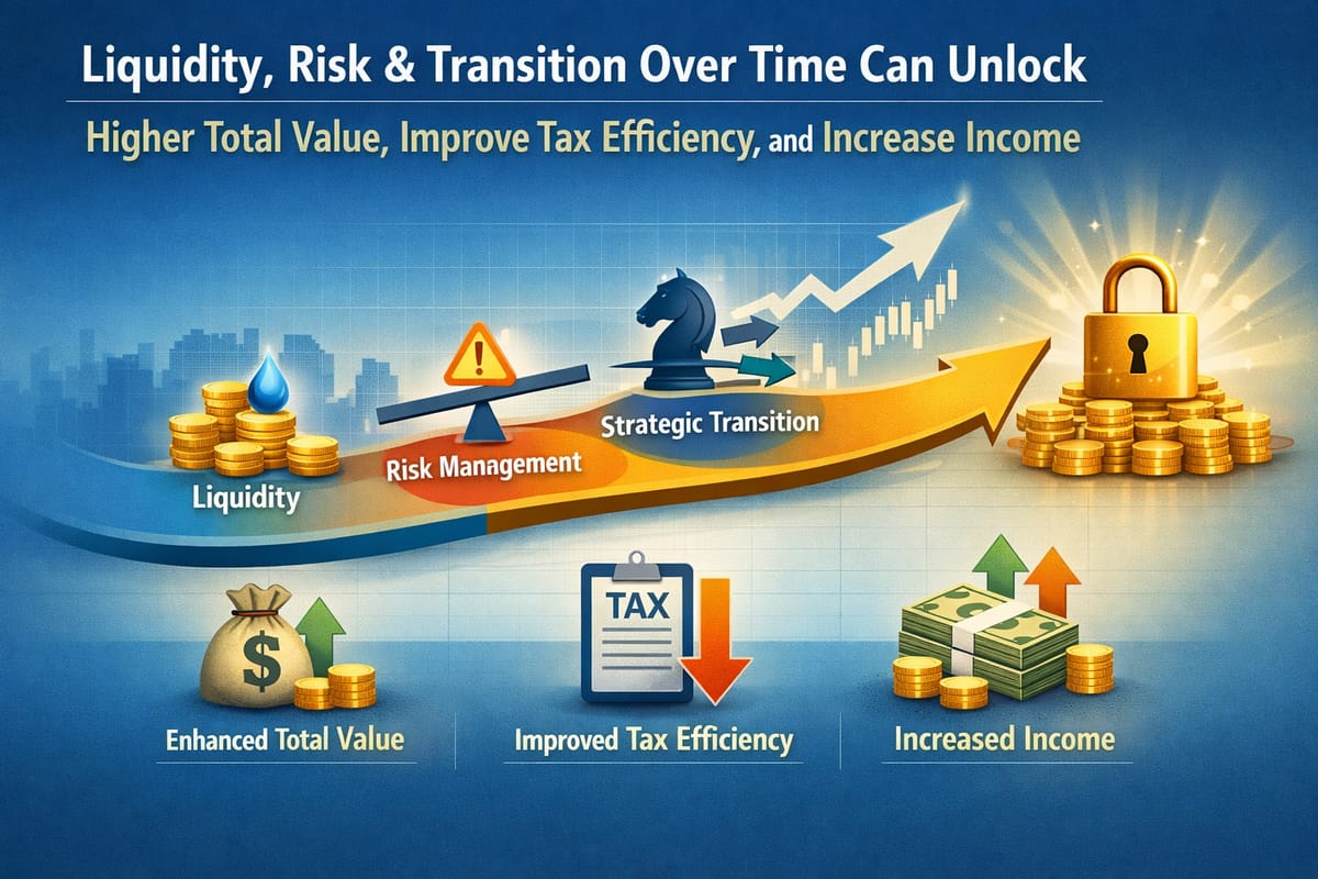 Strategic financial planning diagram showing liquidity, risk management, and transition benefits for 2026 exit planning an...