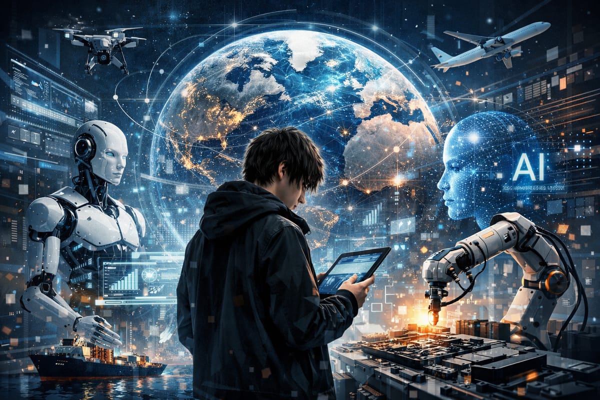 Young professional with tablet commanding AI robots and drones in global digital workspace for career advancement in 2026.