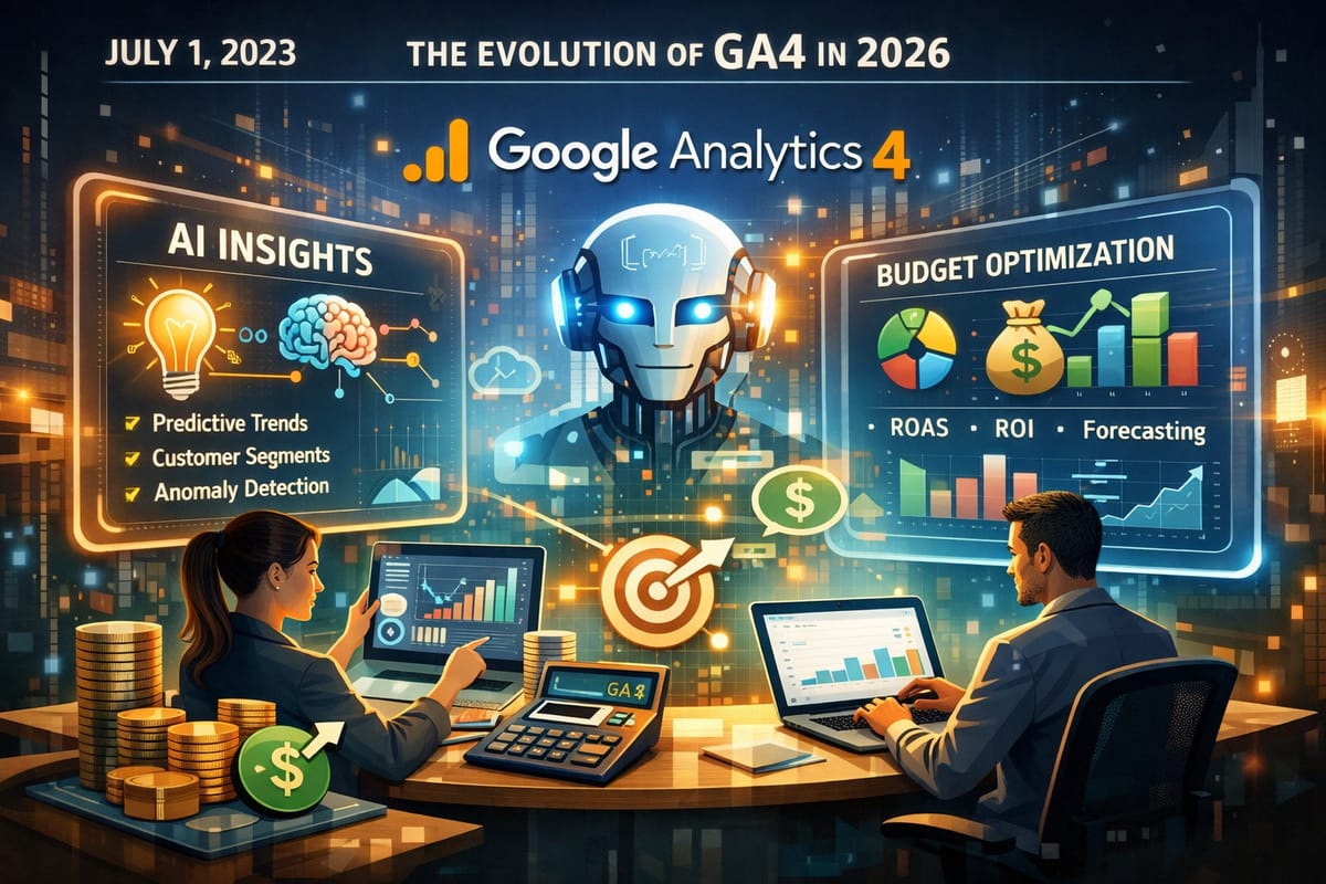 Google Analytics 4 tutorial showing AI insights, budget optimization, and ROAS tracking for 2026 analytics.