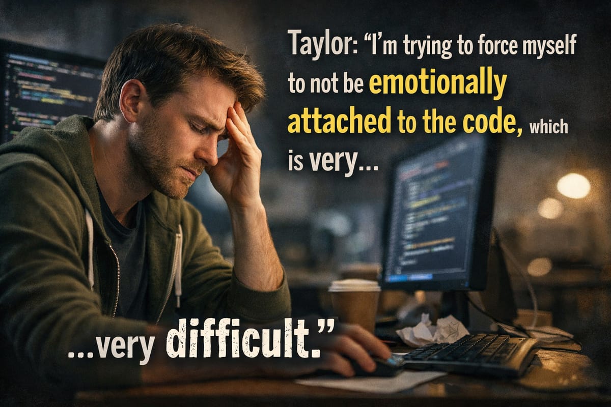 Programmer struggling with emotional attachment to code, showing frustration at desk with multiple monitors displaying code.