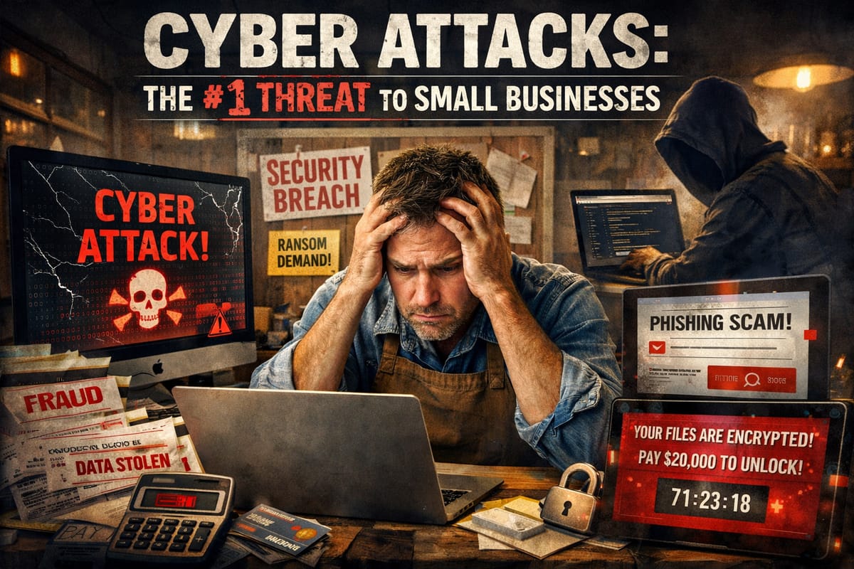 Stressed business owner facing cyber attacks: ransomware, phishing, and data breach threats with security checklist essent...