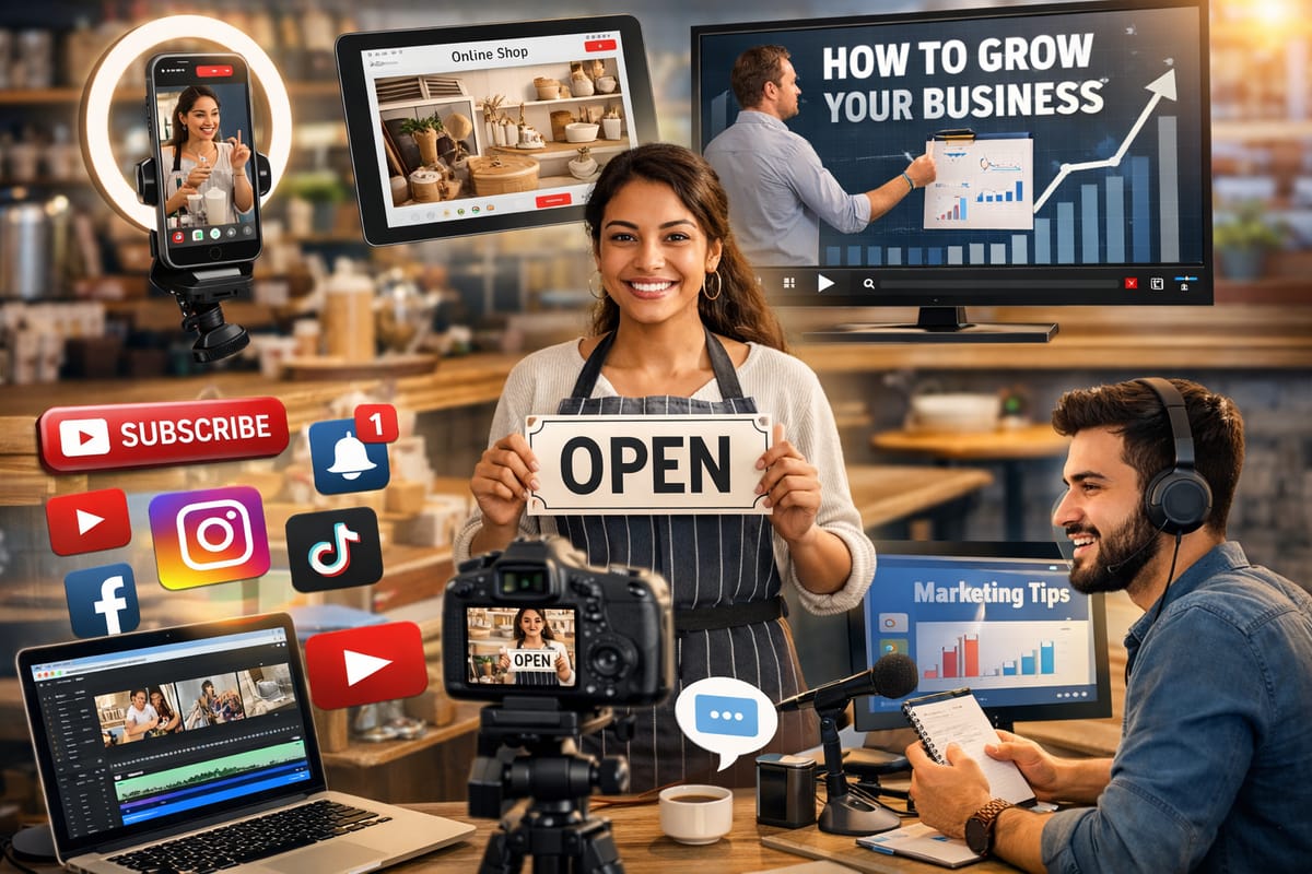Small business owners using AI tools for digital marketing, social media, content creation, and online shop growth strateg...