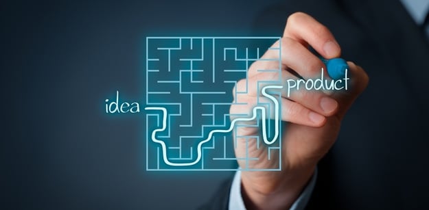 A hand holding a blue marker drawing a glowing path through a maze from the word "idea" to the word "product."