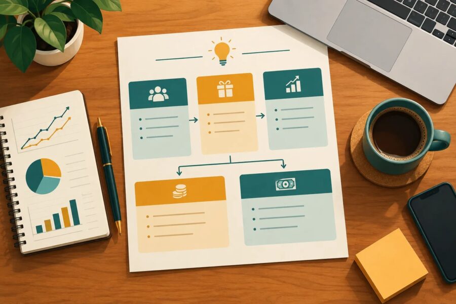 Illustrated founder's desk with a one-page plan, charts, and a notebook