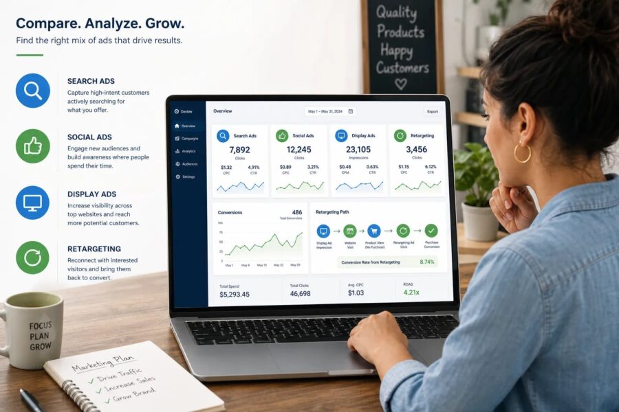 Illustration of a small business owner comparing online advertising channels on a laptop dashboard
