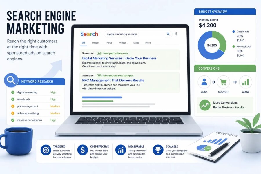 Illustration of search engine marketing dashboard and sponsored search results