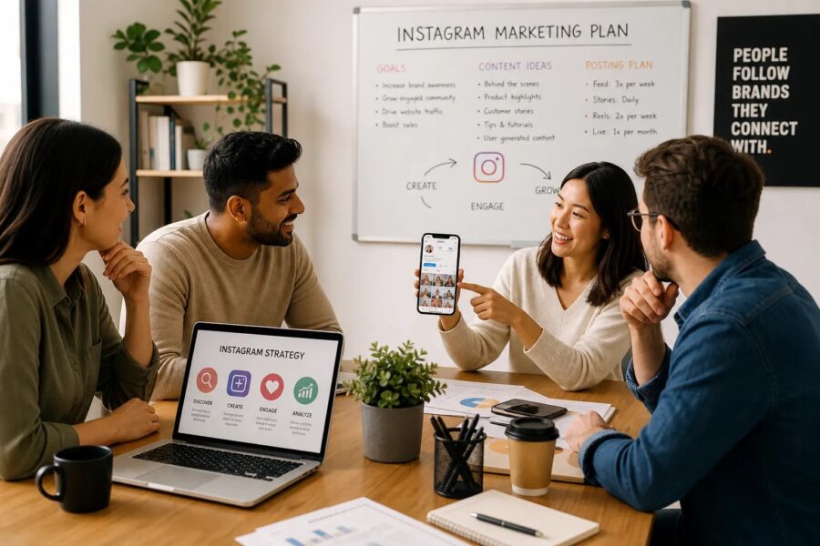 Illustration of a small business team planning an Instagram strategy