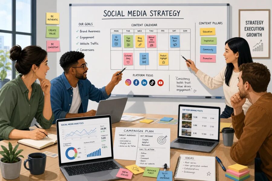 Illustration of a business team planning a social media marketing strategy