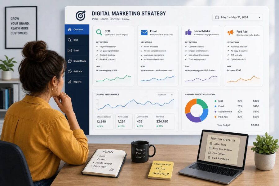 Illustration of a small business owner planning a digital marketing strategy