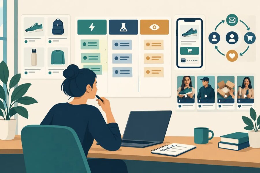 Ecommerce planning board balancing product data, customer retention, social content and checkout priorities
