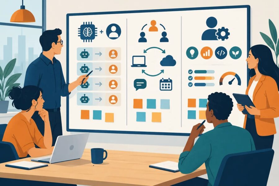 Business team mapping AI tasks, hybrid coordination, skills and workload on a planning board