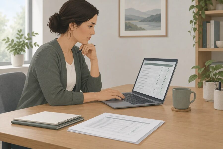 Bookkeeper reviewing monthly financial records on a laptop
