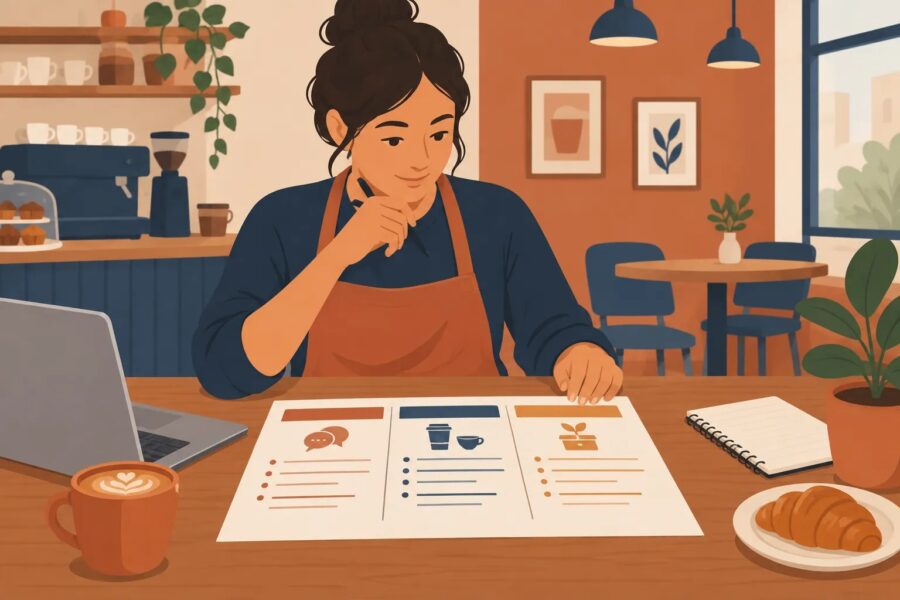 Small cafe owner comparing customer conversations, competing offers and pilot orders on a research worksheet