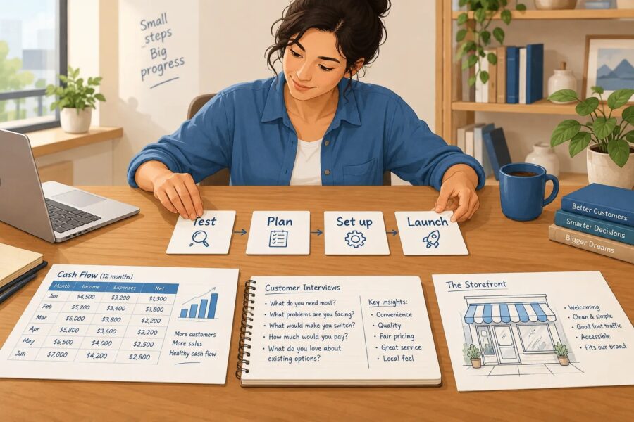 Illustrated roadmap from customer testing through planning, business setup and launch