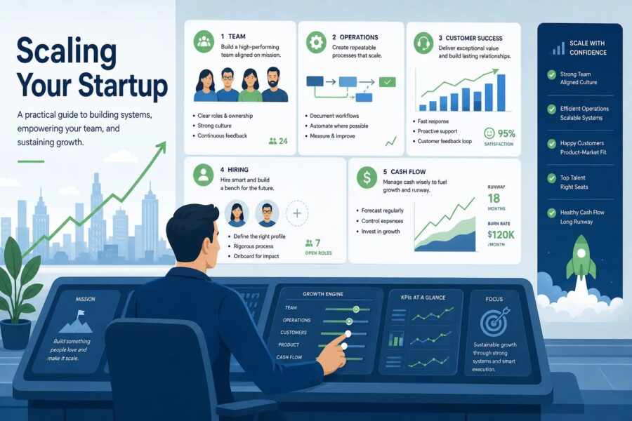Editorial illustration of startup scaling operations, team, customer experience, and cash flow