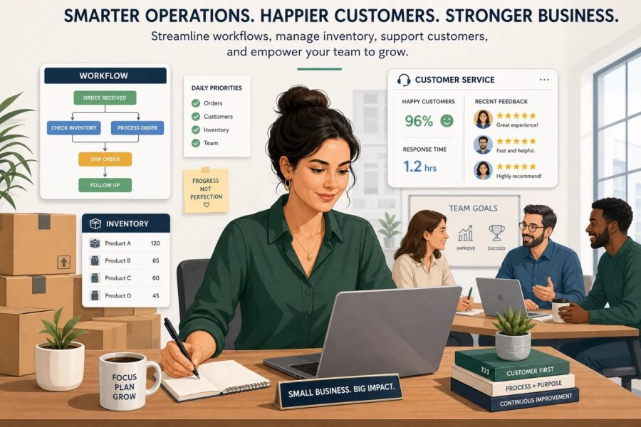 Illustration of a small business owner improving operations with workflows and dashboards