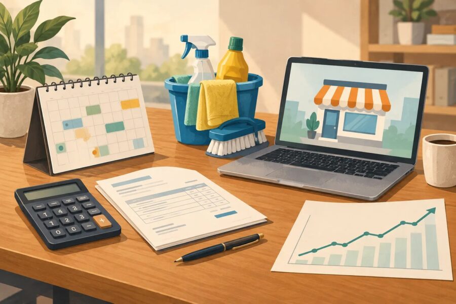 Illustration of a calculator, invoices, service tools and an online storefront used to compare small business models