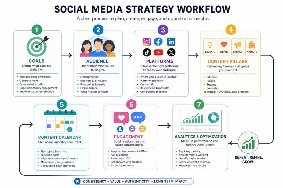 Illustration of a social media strategy workflow with goals, audience, content pillars, and analytics