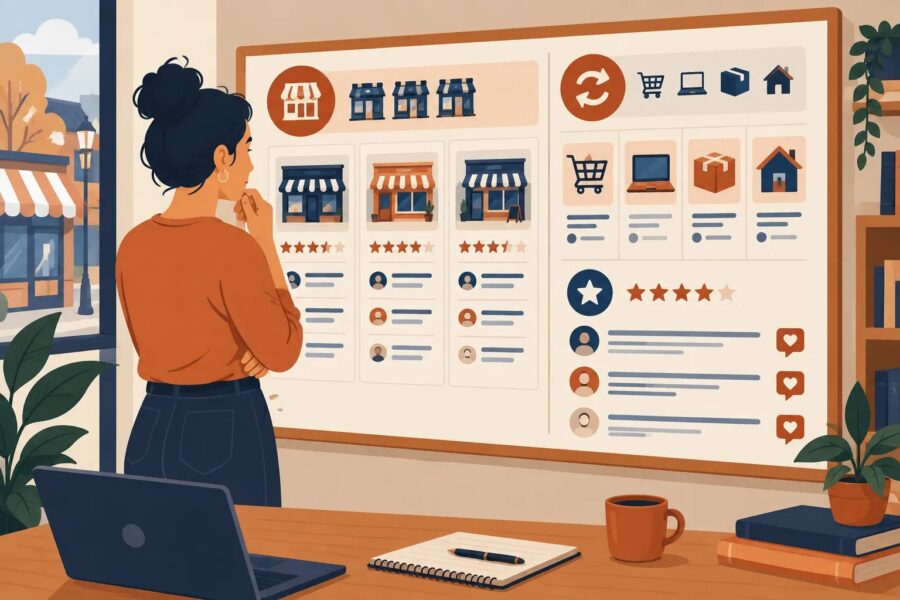 Founder comparing direct rivals and substitute options on a local competitor board
