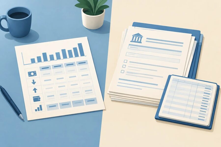 Illustration of a cash forecast beside business registration paperwork and a ledger