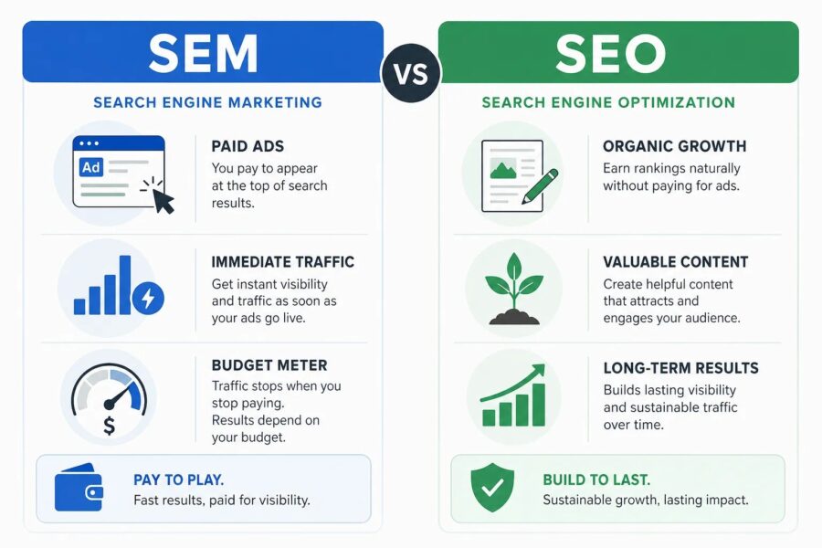 Infographic comparing SEM and SEO for business decision making