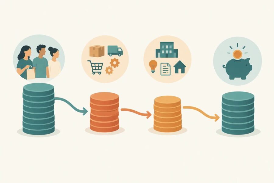 Illustration of customer payments flowing through costs into a startup cash reserve