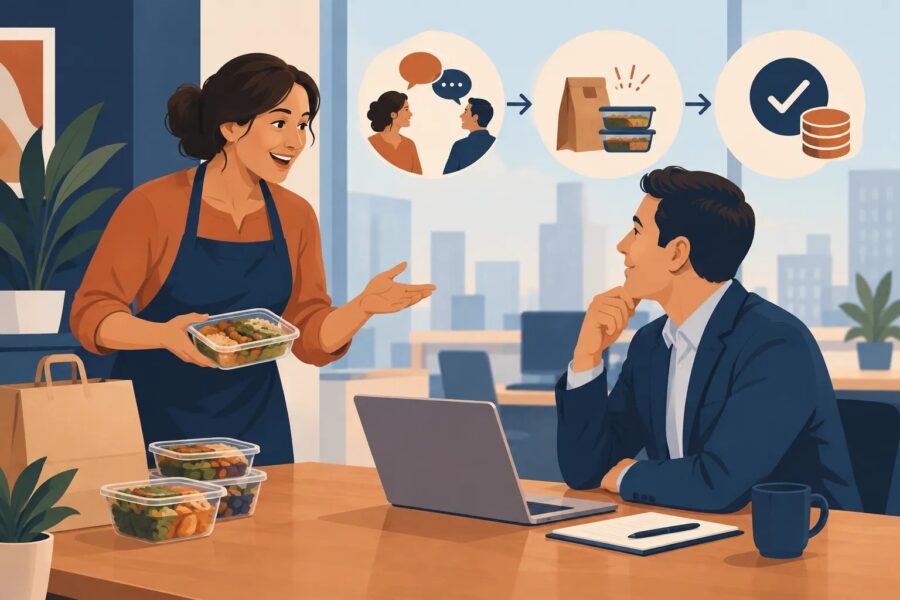 Small business owner presenting a lunch delivery offer to an office buyer during a paid pilot