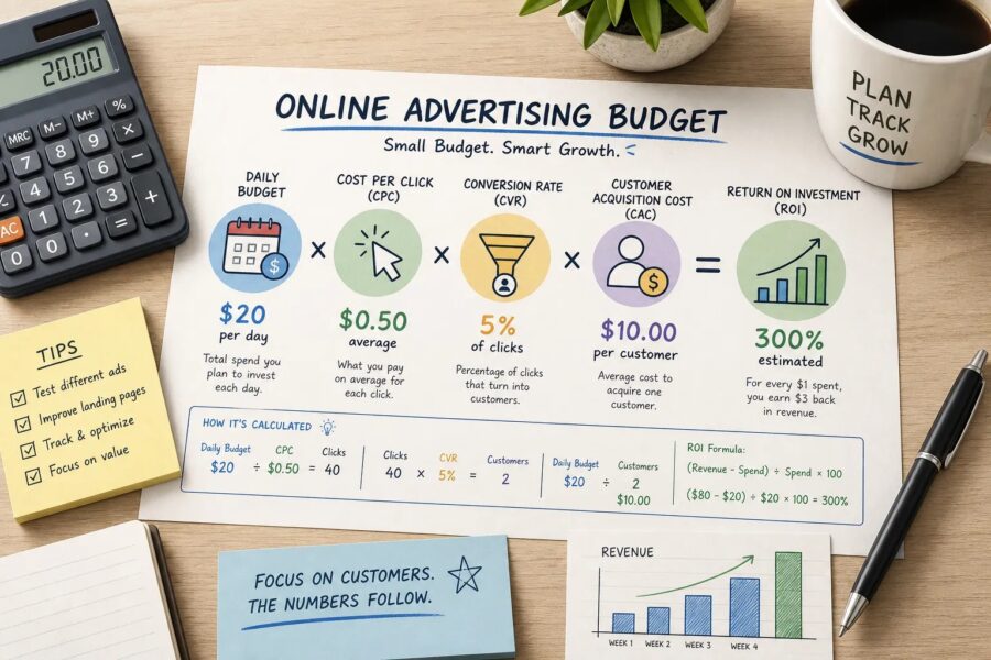 Illustration of small business advertising budget planning with calculator, charts, CPC, CPA, and ROI