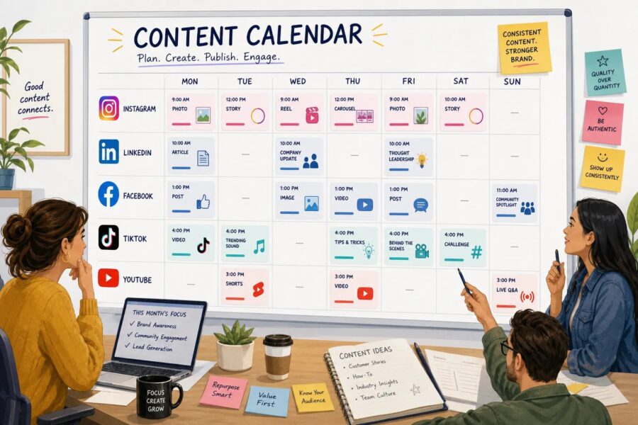 Illustration of a content calendar for a business social media team