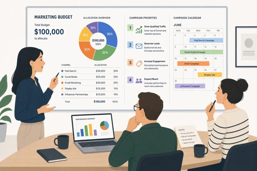 Illustration of a small team allocating limited marketing budget