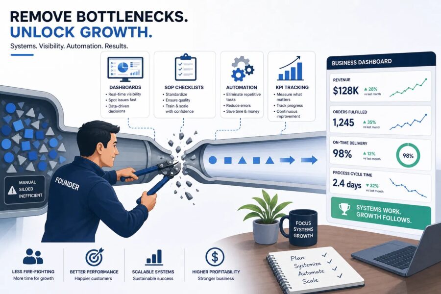 Illustration of a founder removing process bottlenecks with checklists and KPI charts