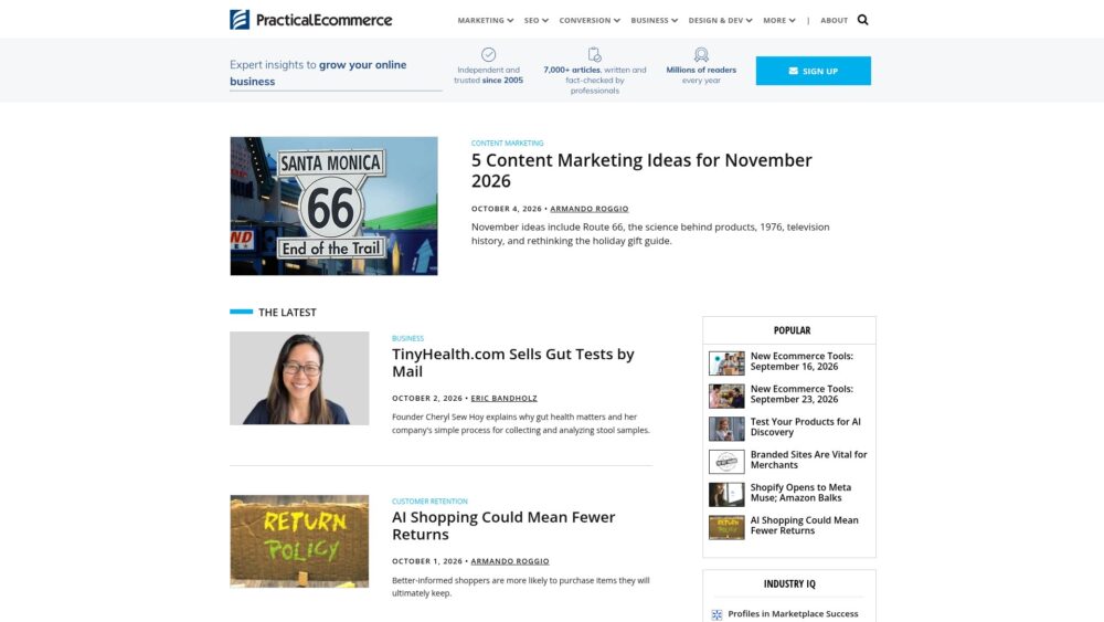 Practical Ecommerce home page screenshot