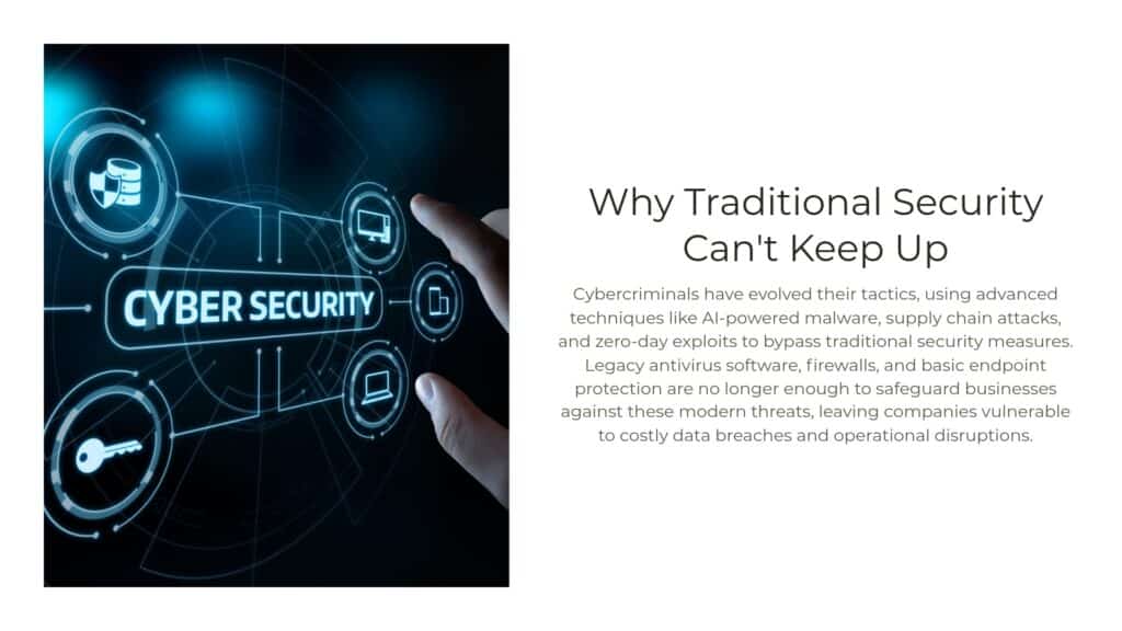 "Graphic illustrating the limitations of traditional security against modern cyber threats, emphasizing the need for advanced protection beyond outdated antivirus and firewalls."