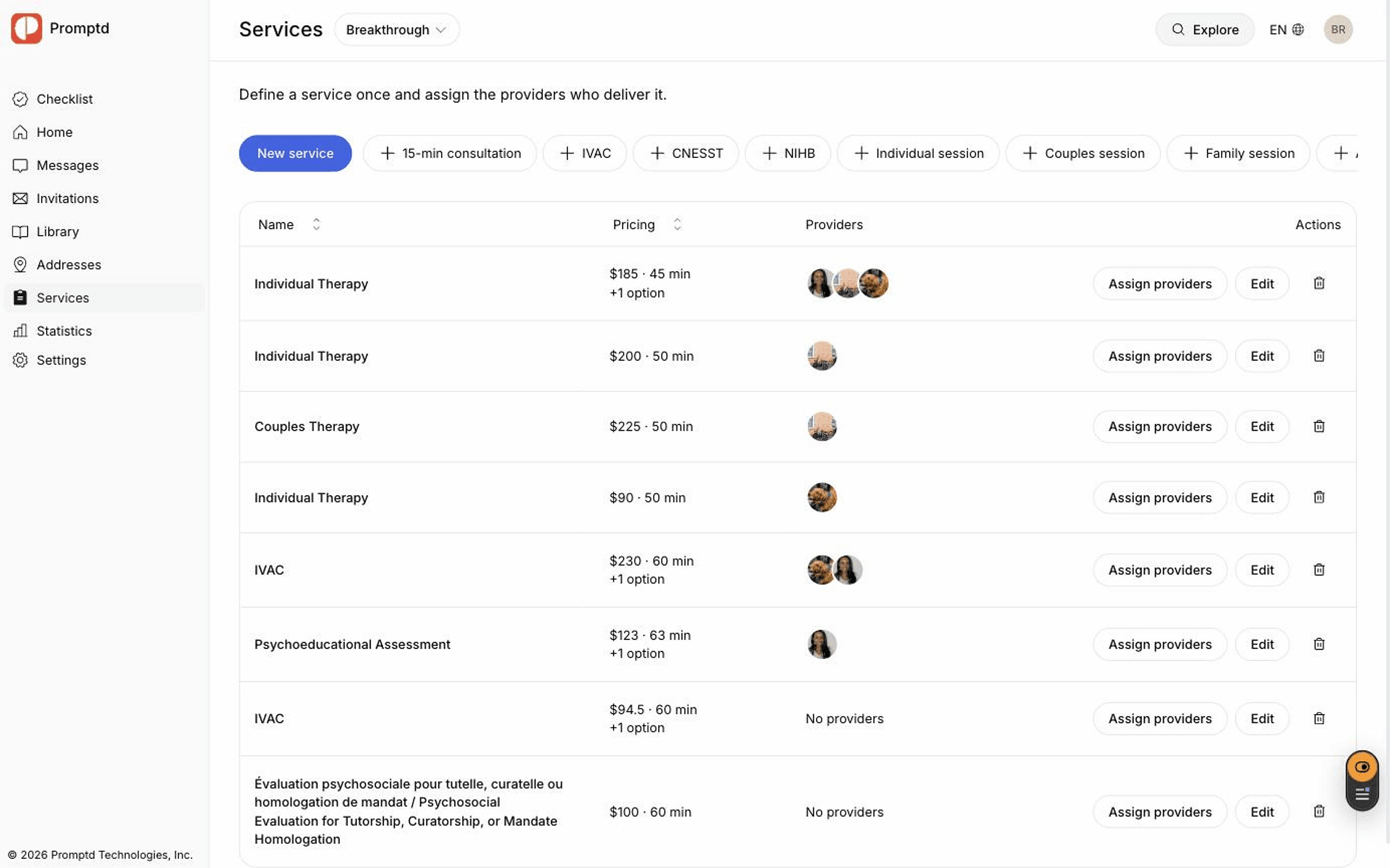 The clinic services page