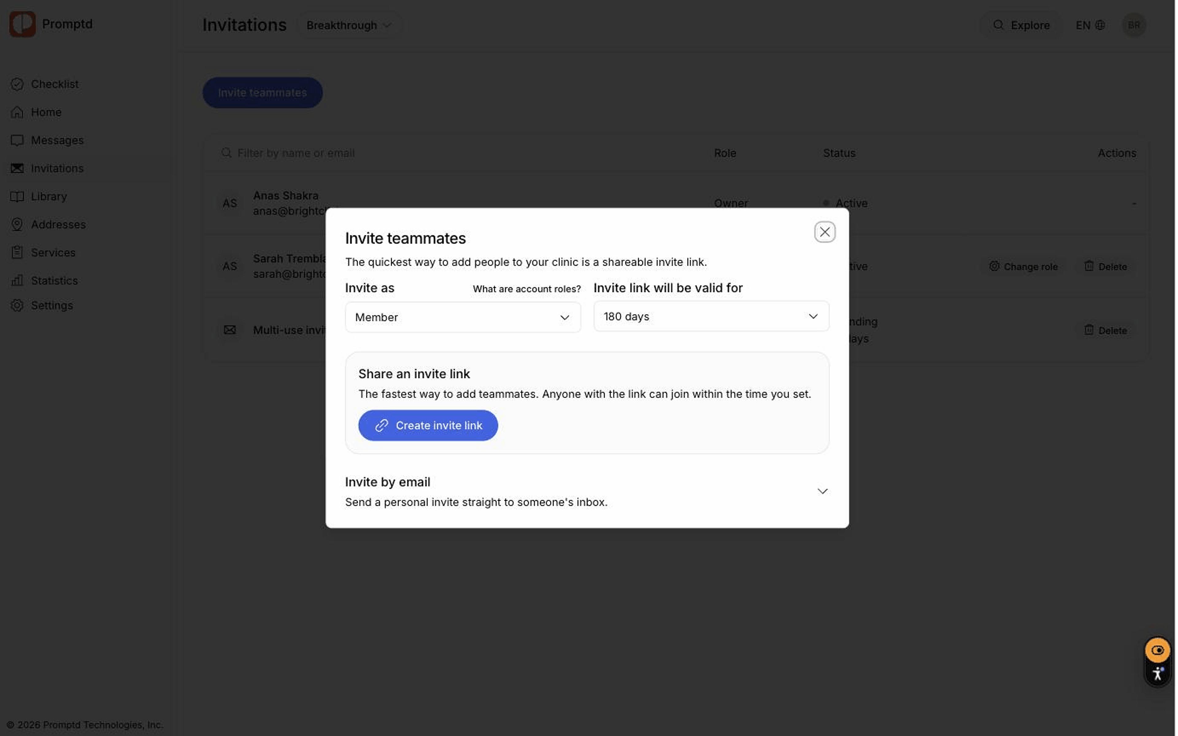 The invite teammates dialog