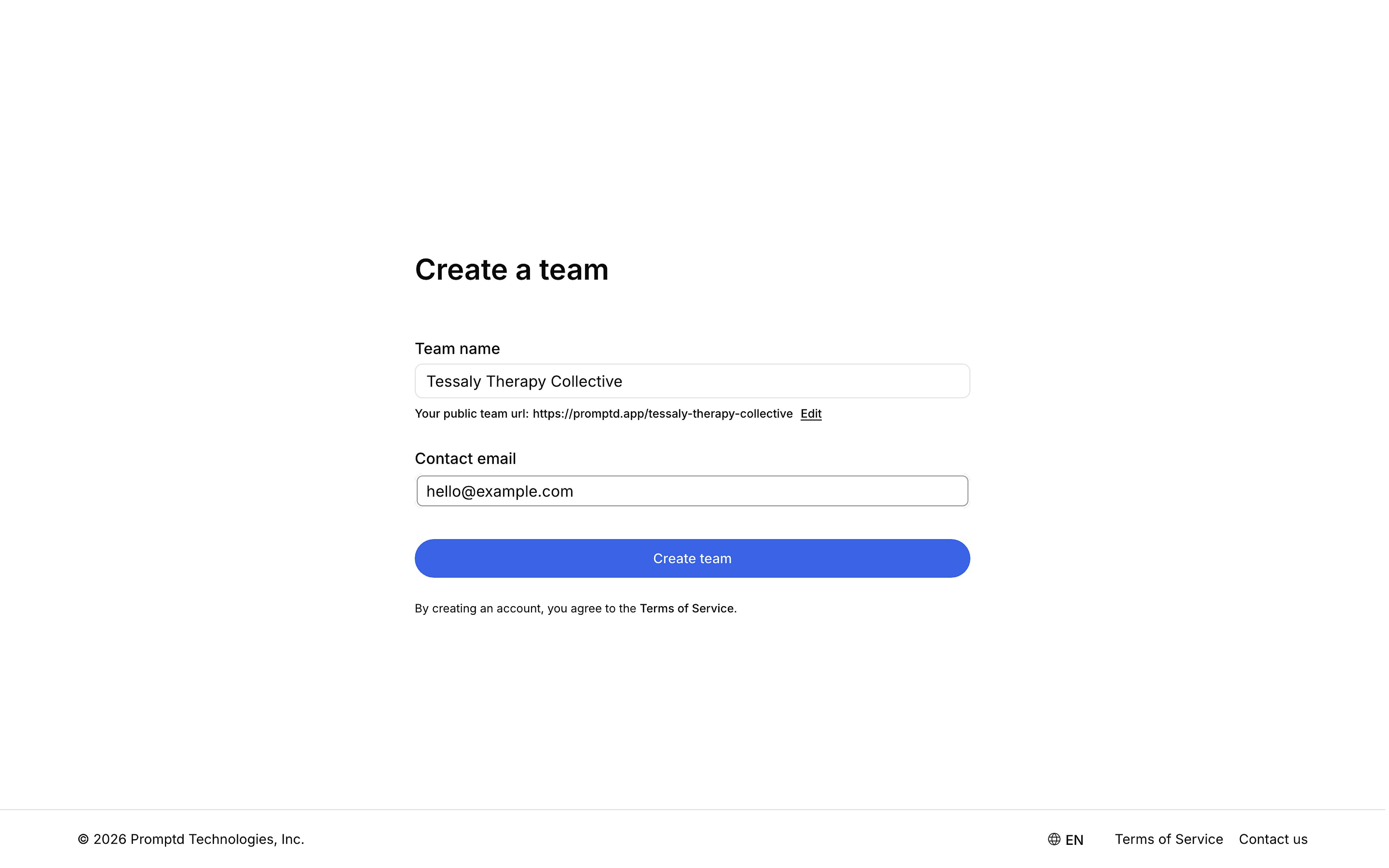 The create a team form