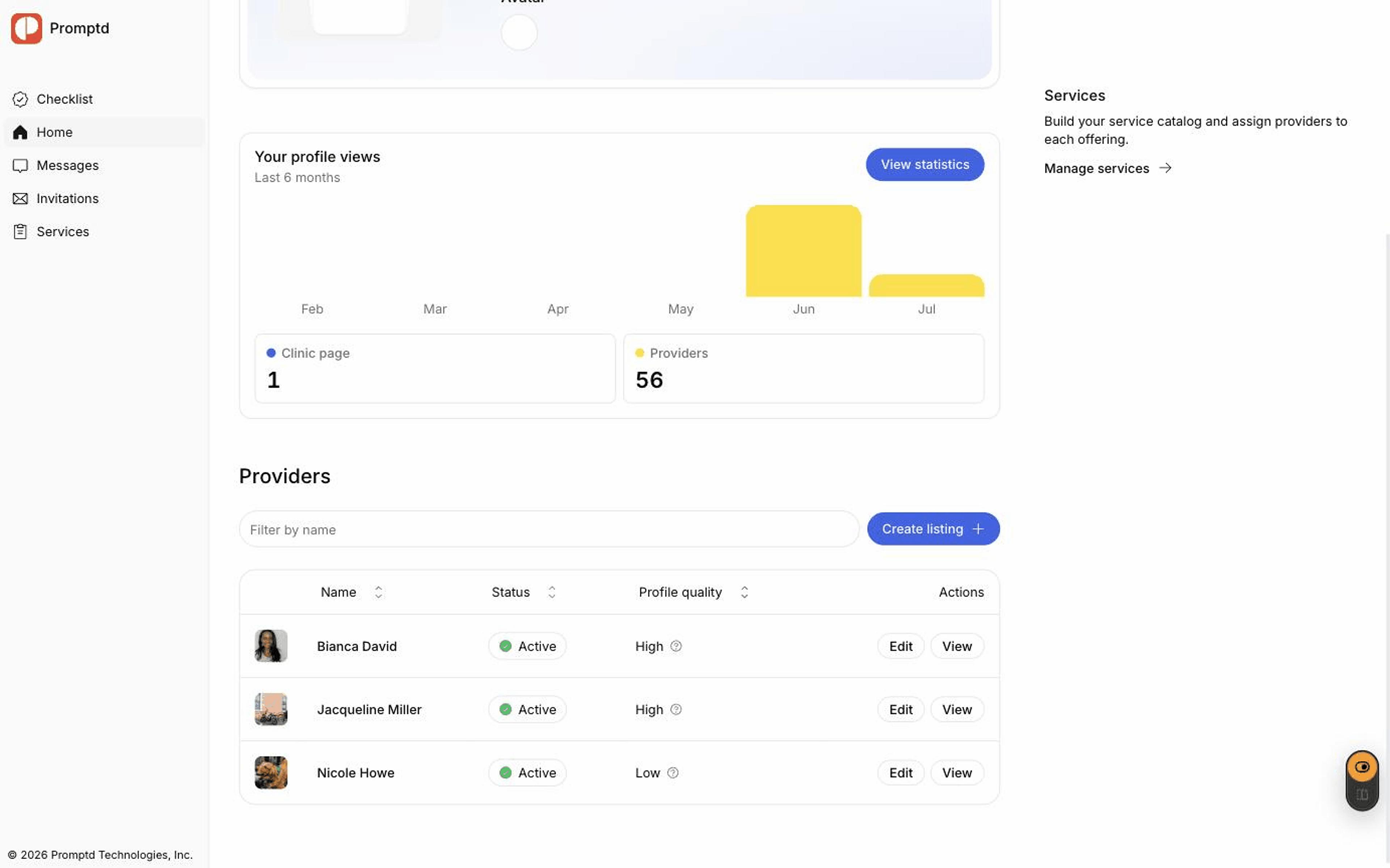 The team home page with the providers list and create listing button