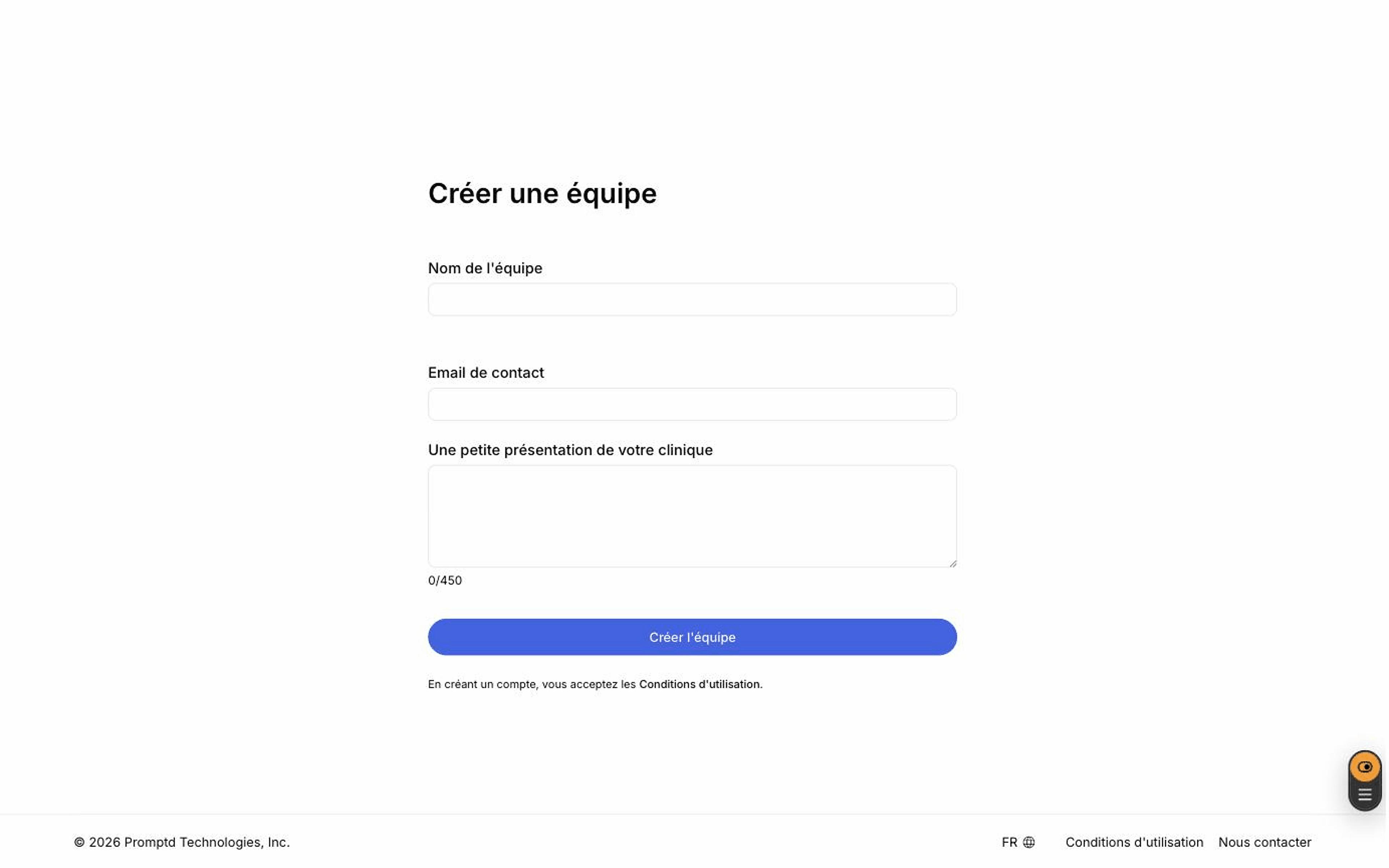 Le formulaire de création d'équipe