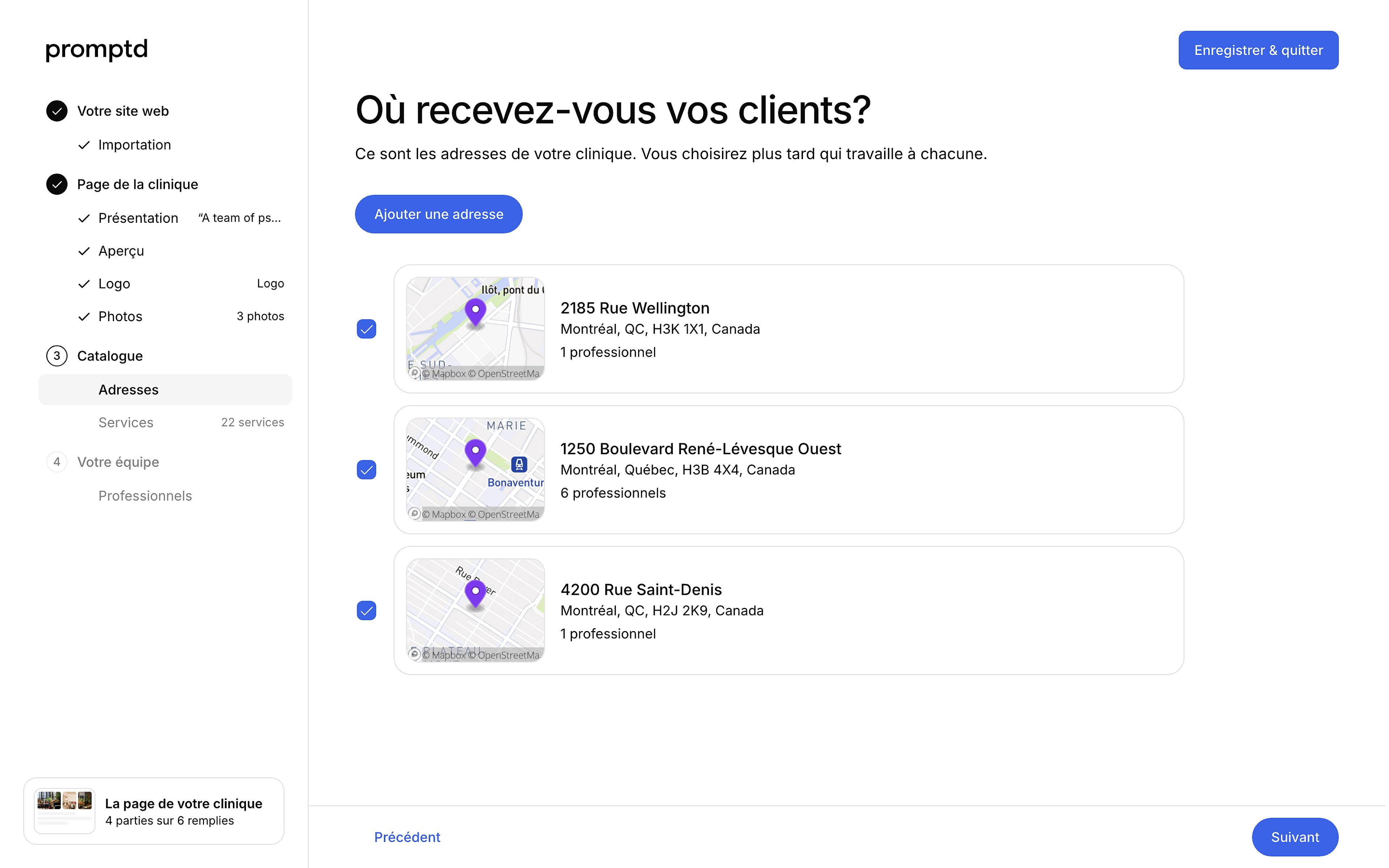 L'étape Adresses de l'assistant de configuration de la clinique