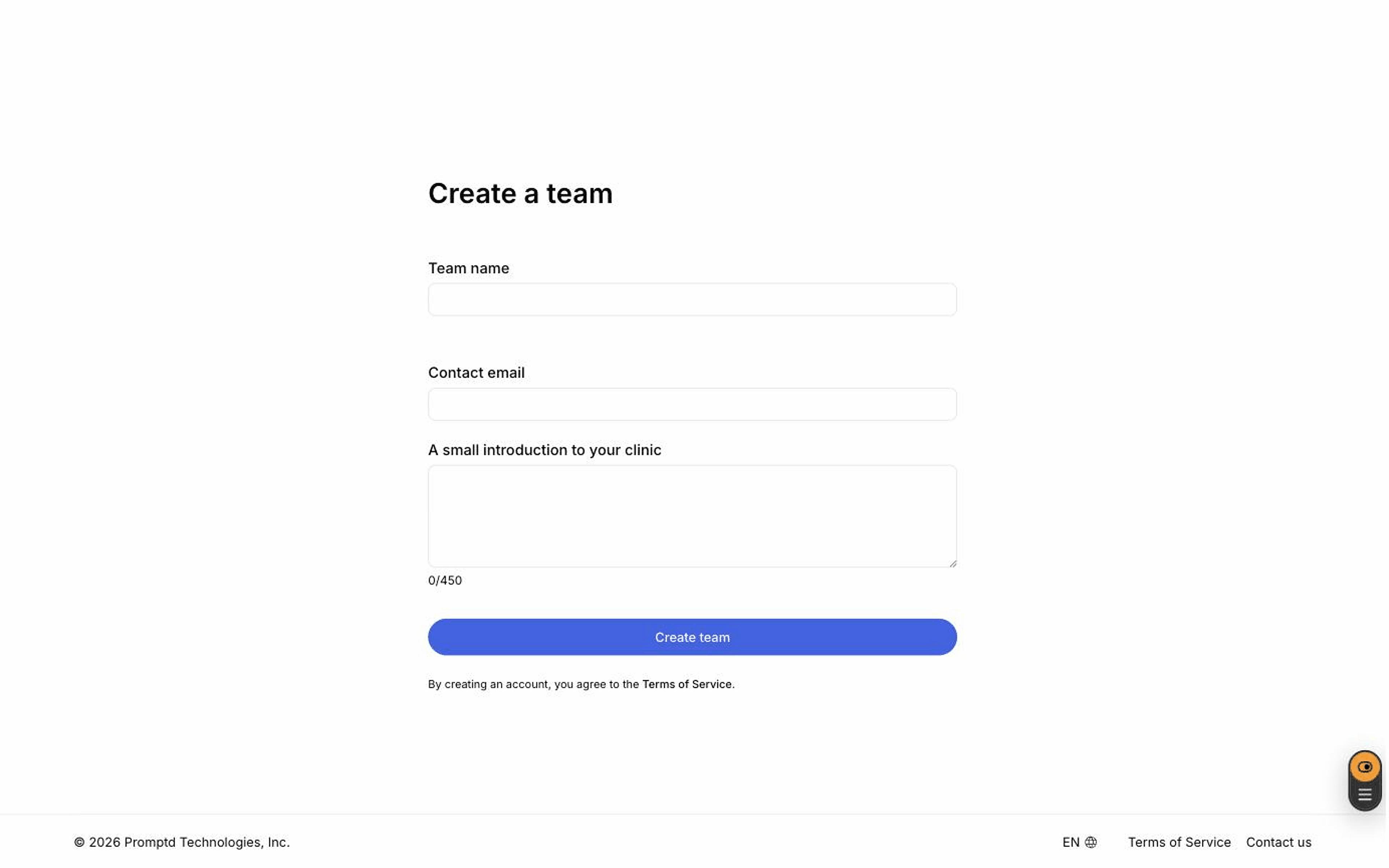 The create a team form