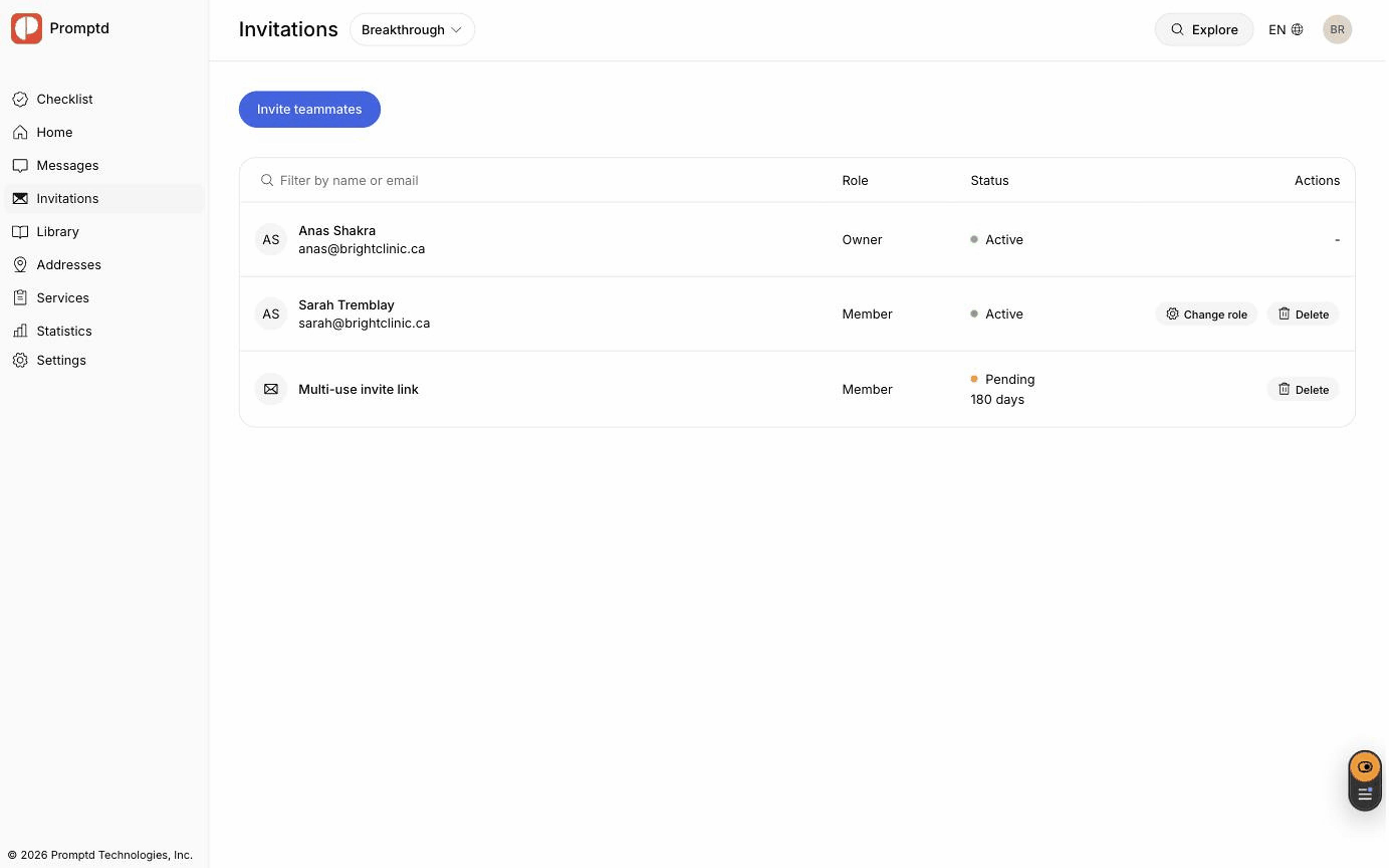 The invitations page with the team roster