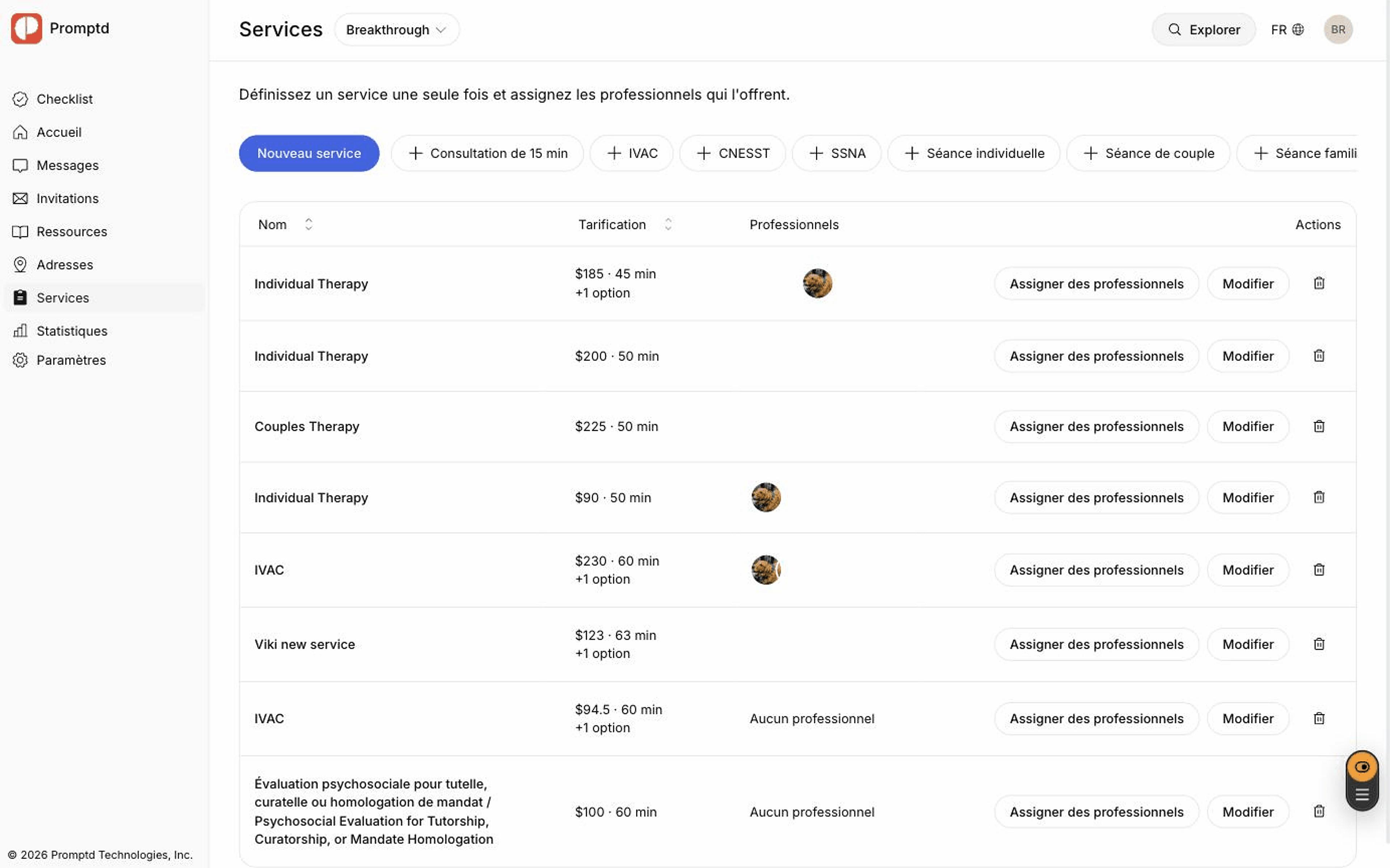 La page des services de la clinique