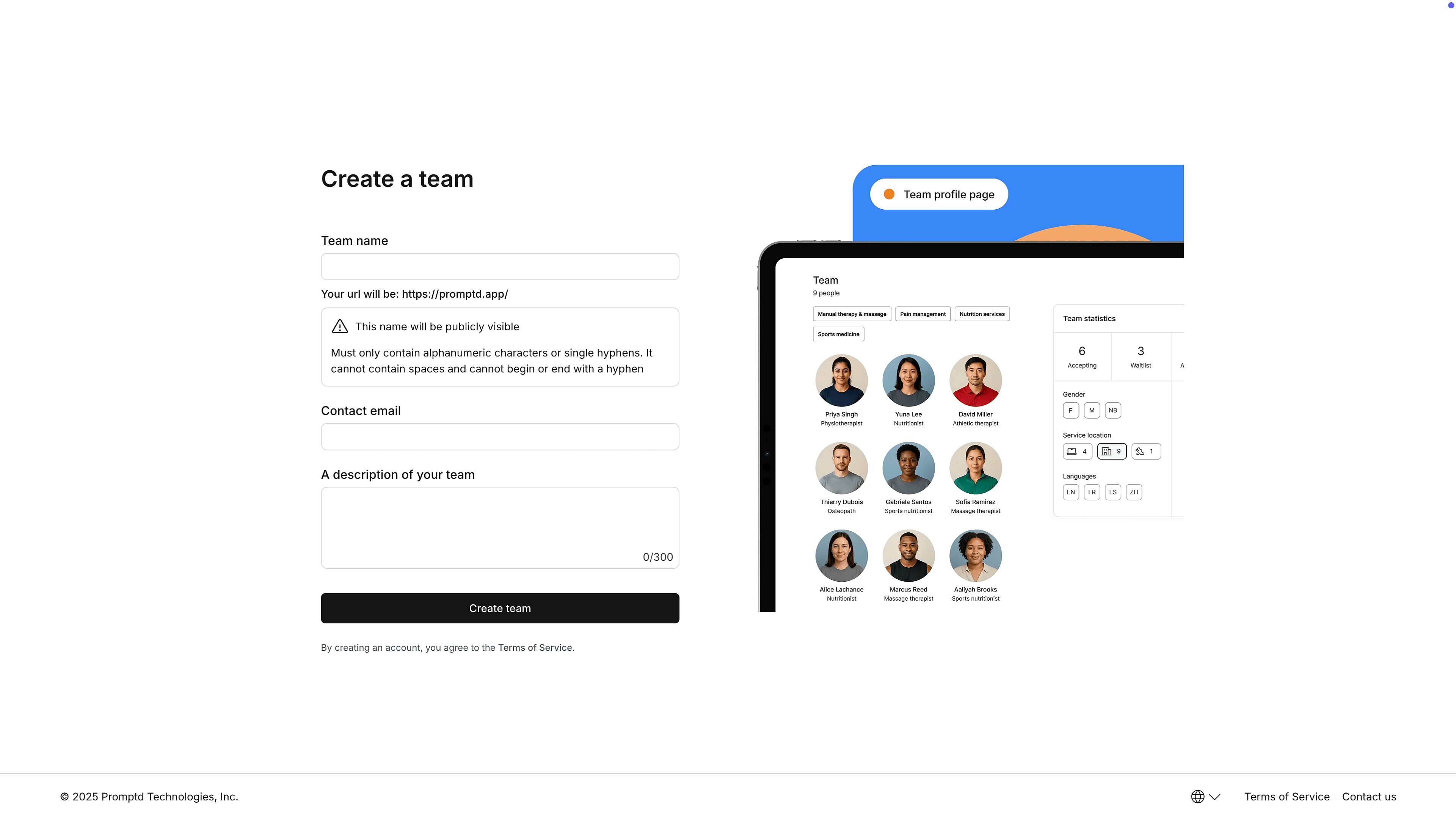 Create team screen