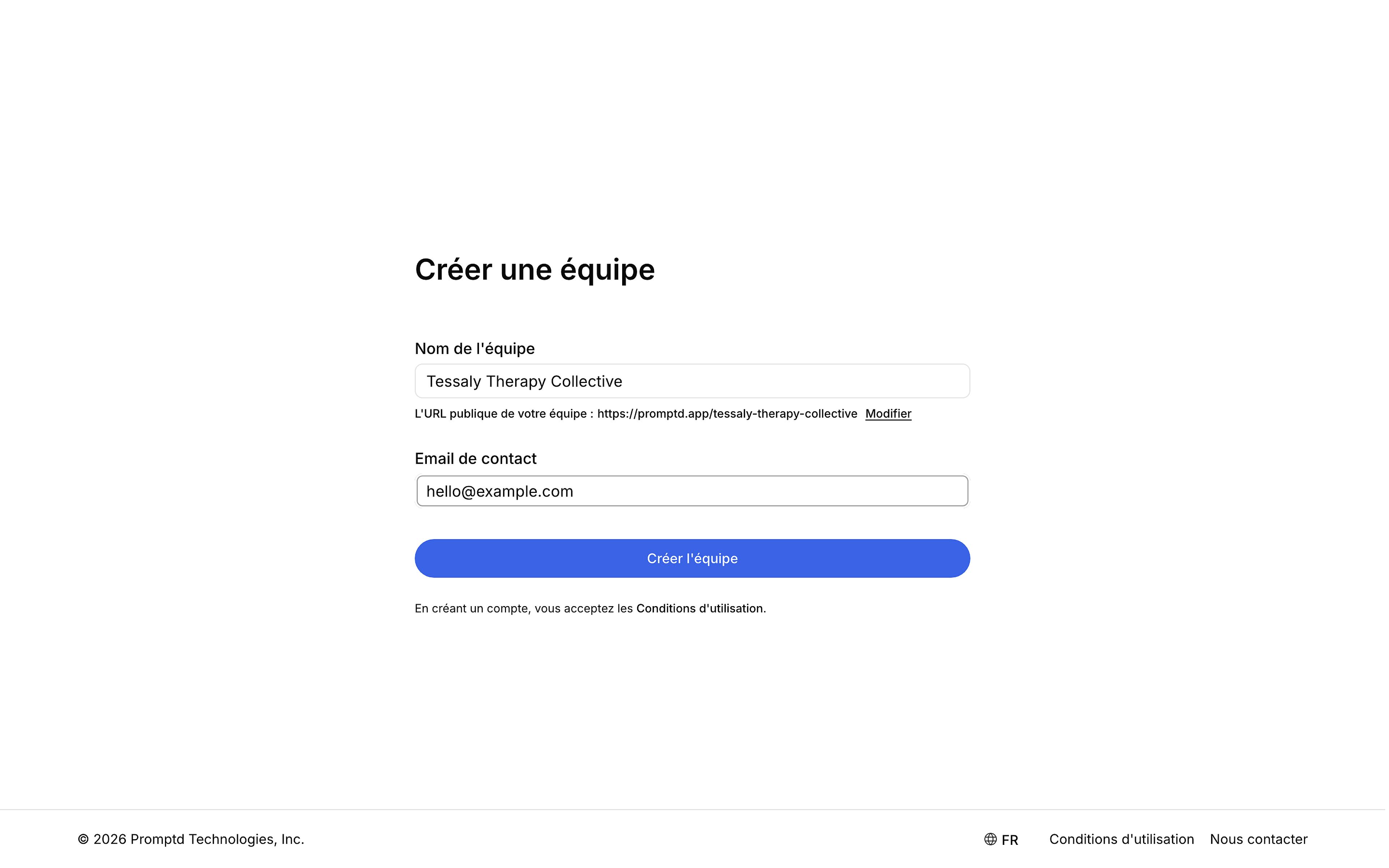 Le formulaire de création d'équipe