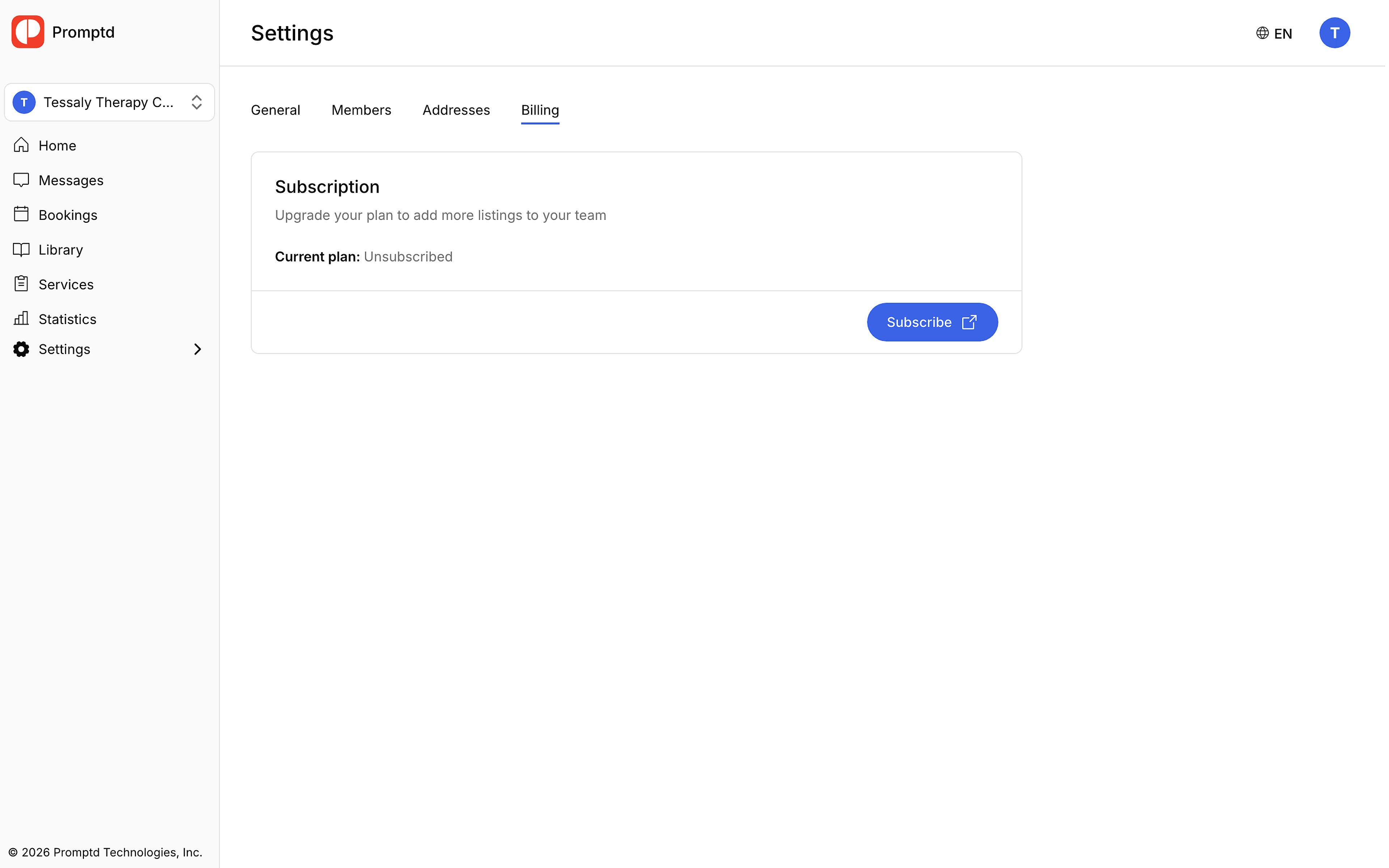 The Billing tab of the clinic settings, with the Subscription section